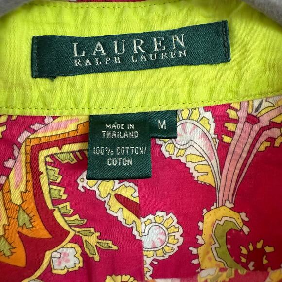 Lauren Ralph Lauren Paisley Cotton Button Up Neon Pink Green Funky Retro Sz M - Picture 2 of 7